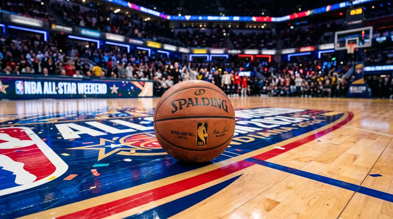 Balon de baloncesto NBA sobre una cancha decorada para un evento especial All-Star