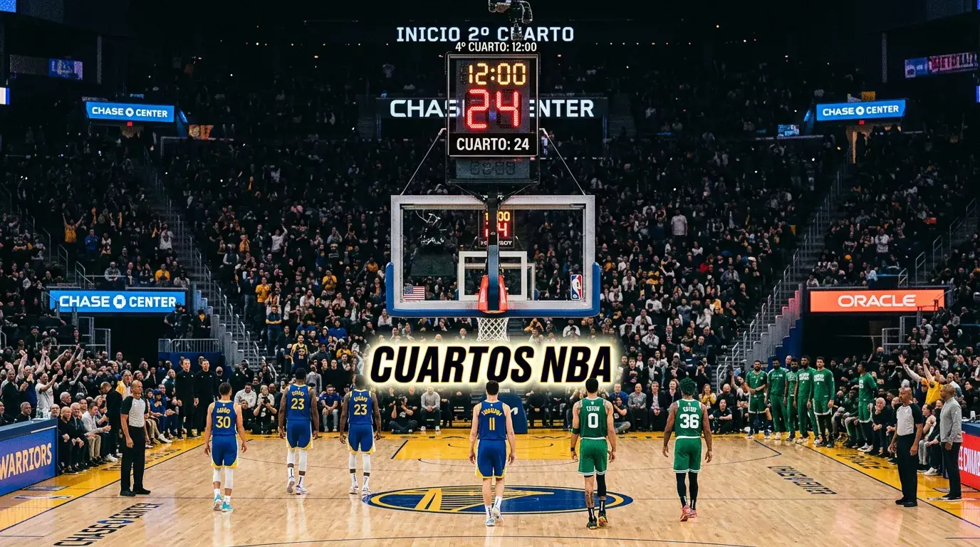 Cancha de baloncesto NBA con marcador iluminado durante un partido nocturno