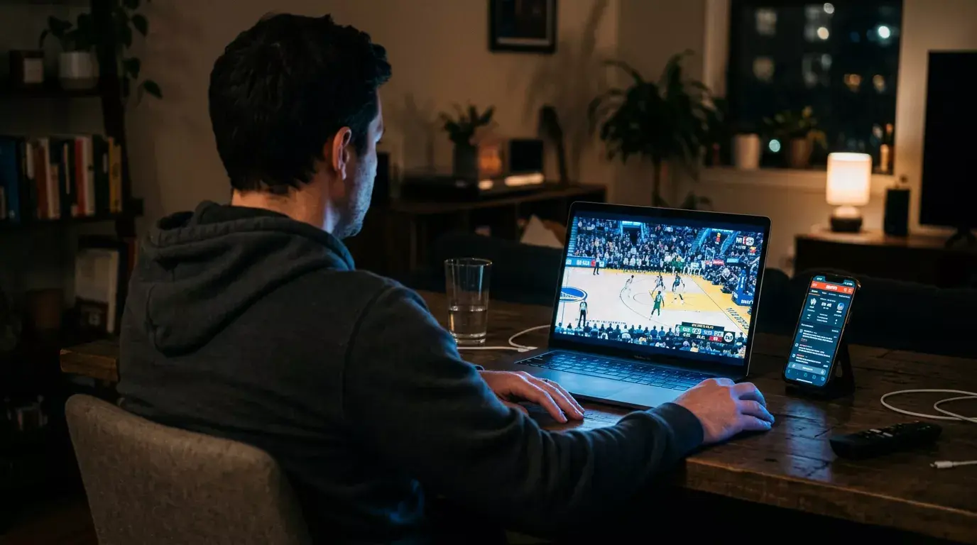 Aficionado viendo un partido NBA en directo en su portátil con cuotas cambiando en pantalla