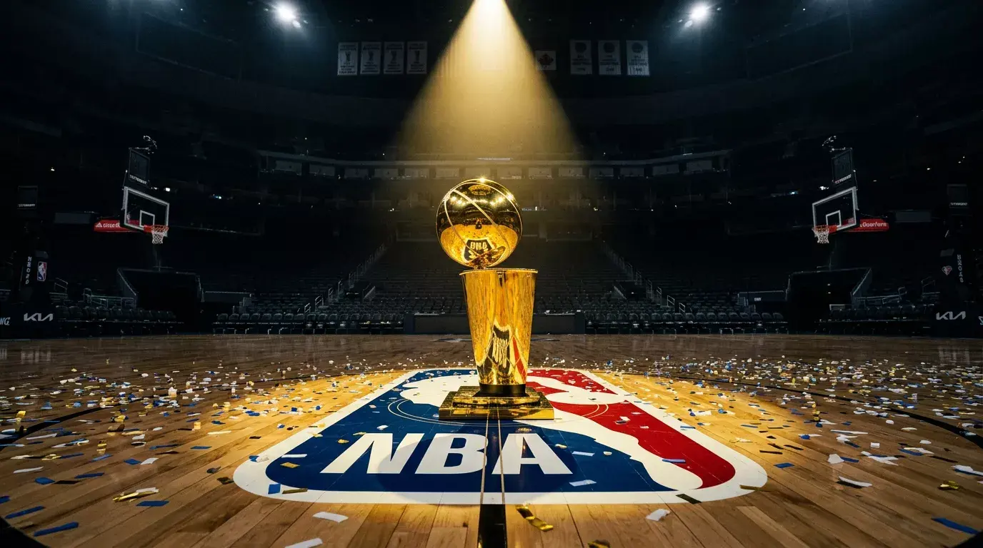 Trofeo de campeón NBA iluminado en el centro de una cancha de baloncesto