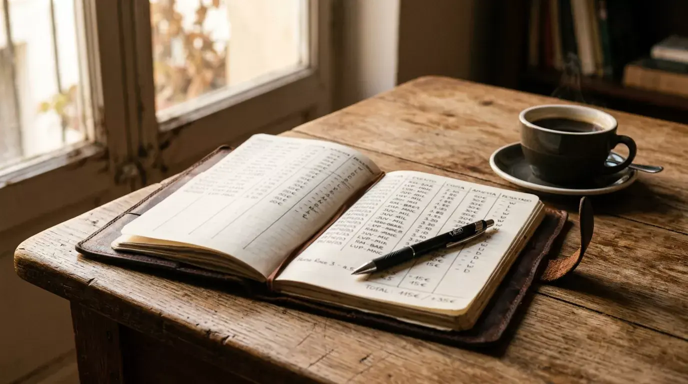 Escritorio organizado con libreta de registro de apuestas, boligrafo y un vaso de cafe sobre mesa de madera