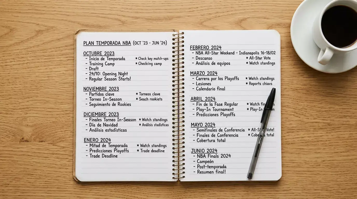 Bloc de notas con planificacion de temporada NBA junto a un boligrafo y una taza de cafe