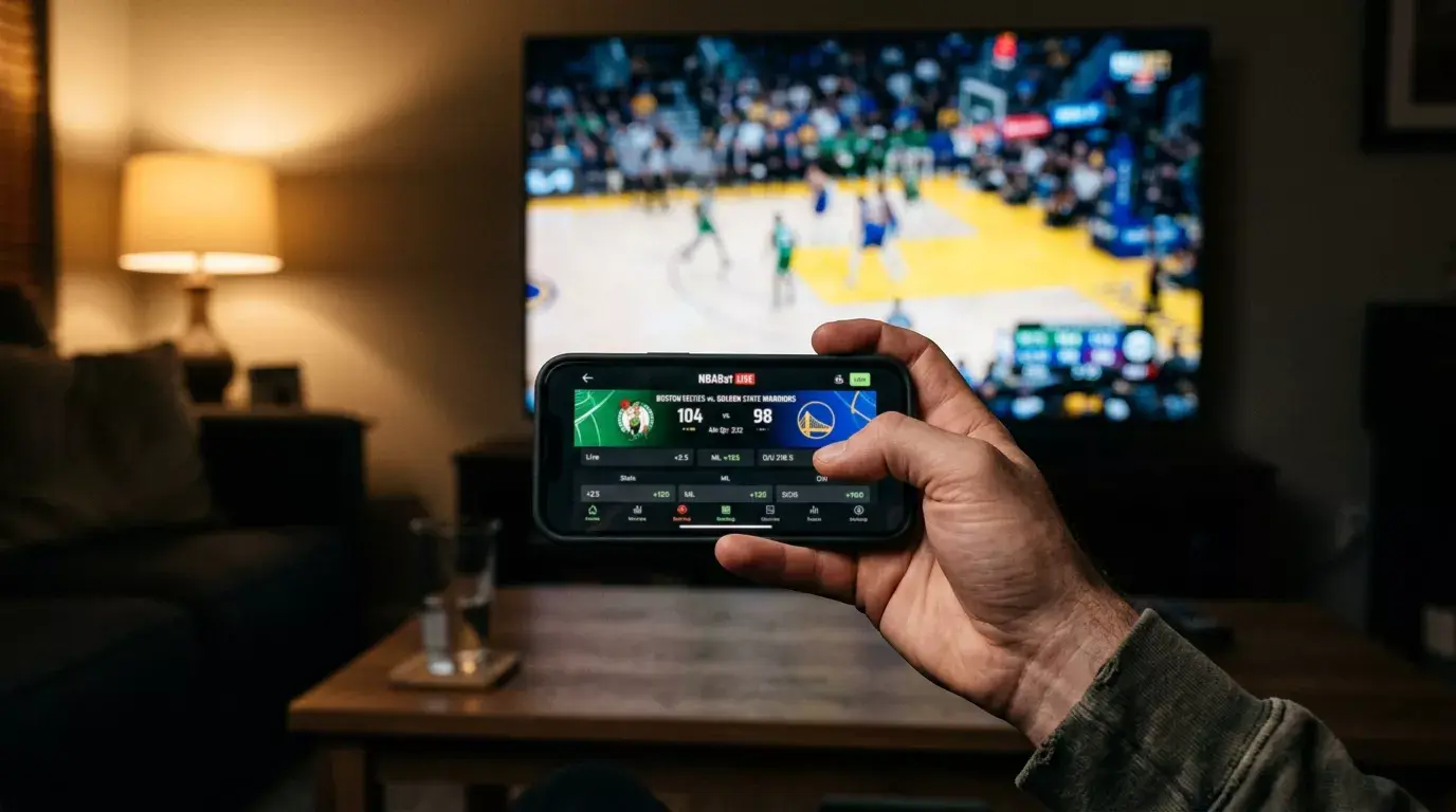 Mano de apostador sobre pantalla de móvil mostrando una apuesta NBA en vivo con opción de cashout