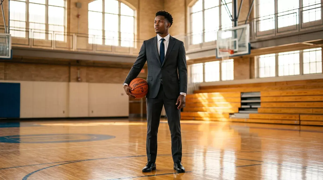 Joven jugador de baloncesto sujetando un balón en un gimnasio antes del Draft NBA