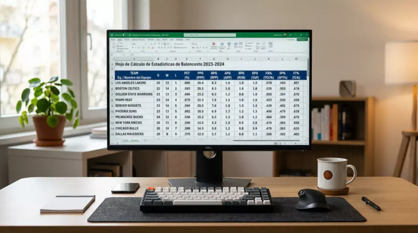 Monitor de ordenador mostrando una tabla de estadísticas de baloncesto con columnas de números junto a una taza de cafe