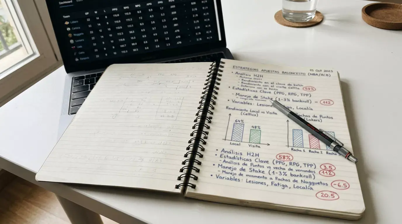 Cuaderno con anotaciones de estrategia de apuestas NBA junto a un ordenador con estadísticas