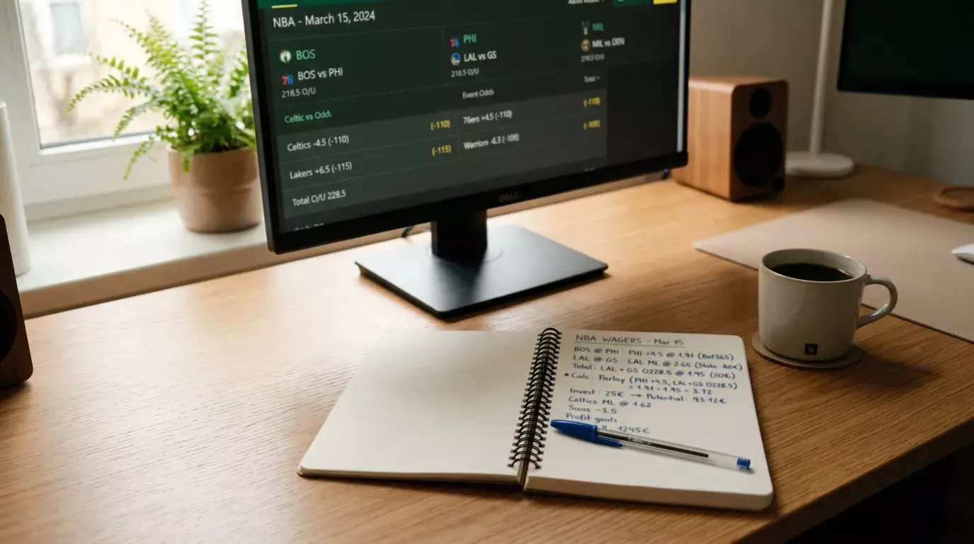 Pantalla de ordenador mostrando números y graficos simples junto a un cuaderno de notas