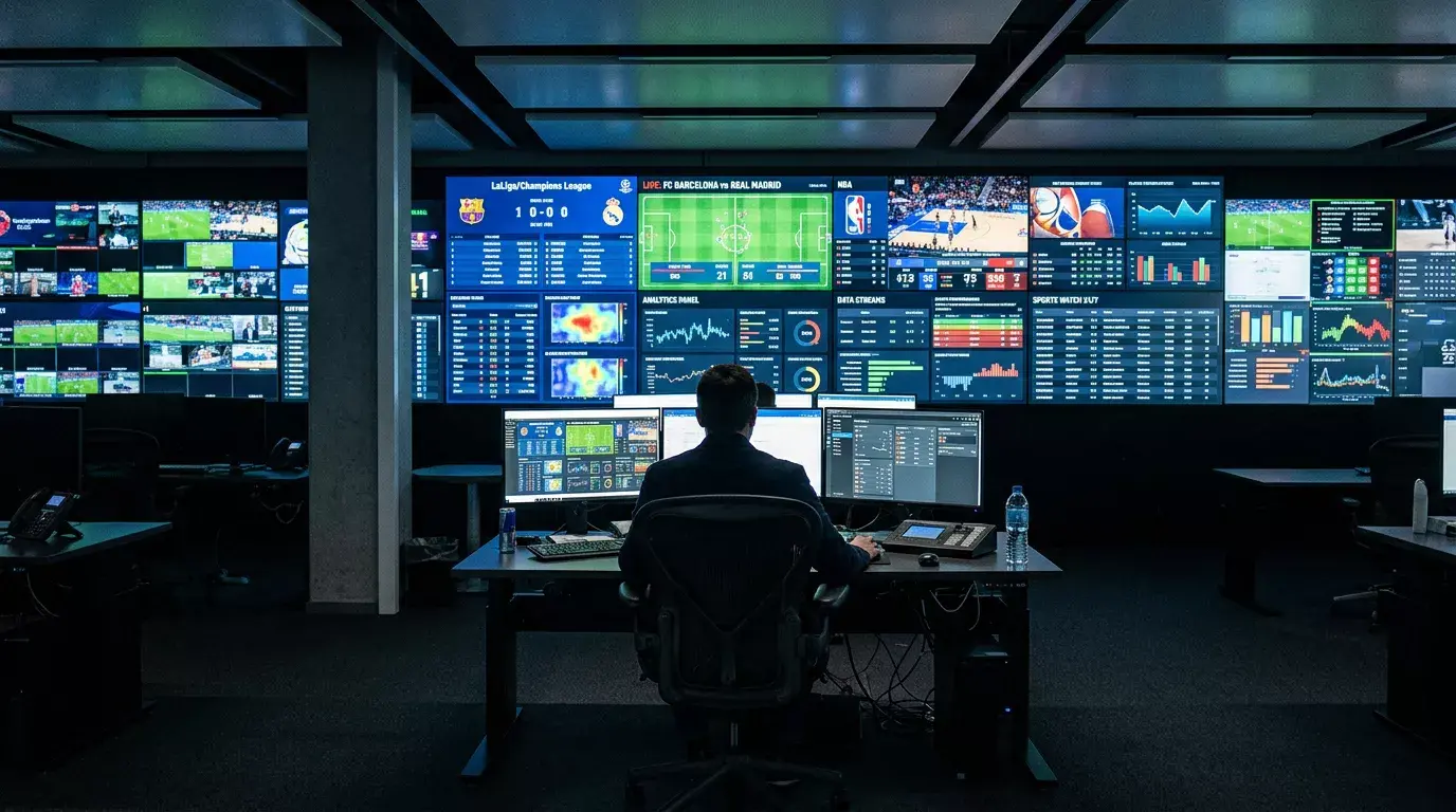 Centro de control con múltiples pantallas mostrando datos deportivos en una sala oscura