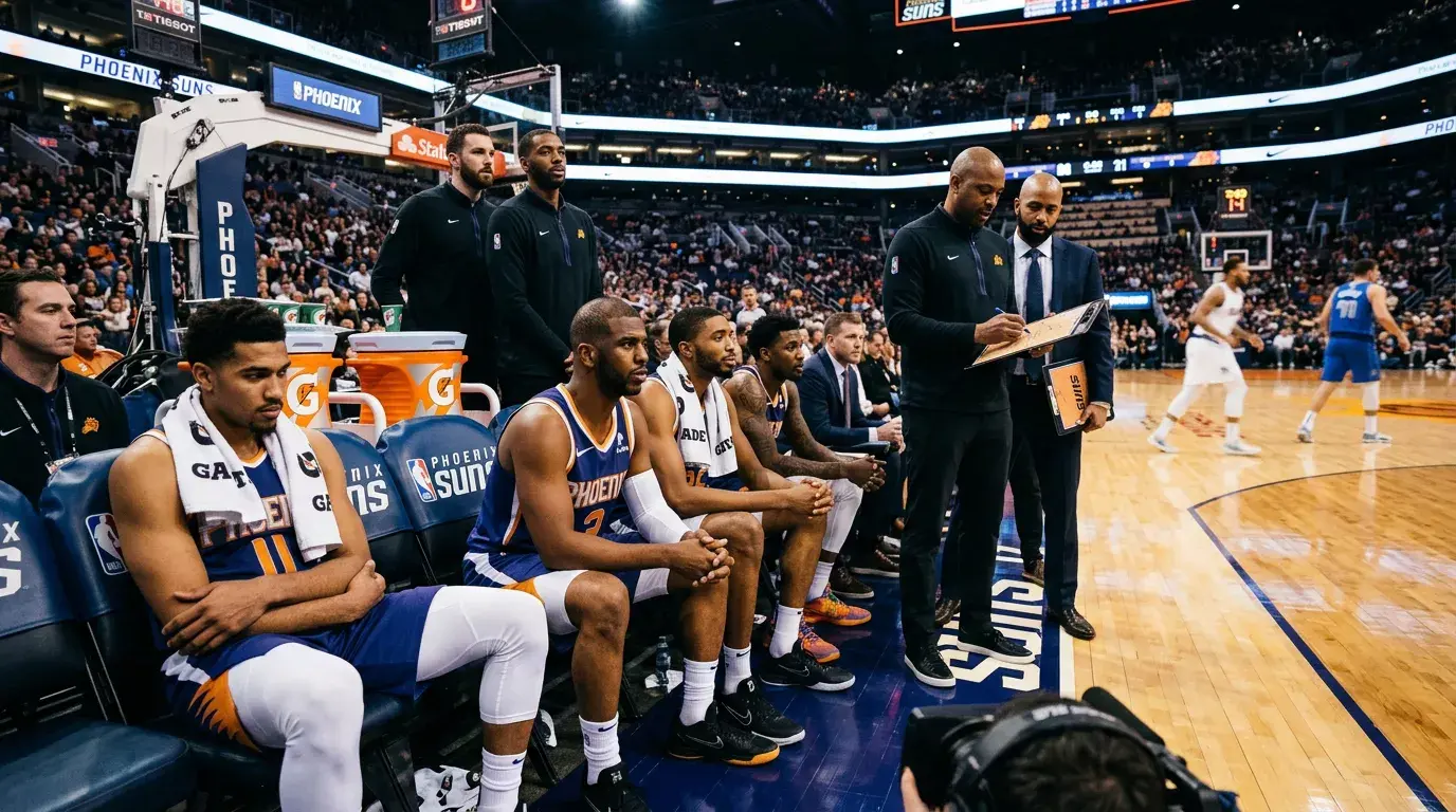 Banquillo de un equipo NBA durante un partido con jugadores sentados y entrenadores de pie en una arena iluminada