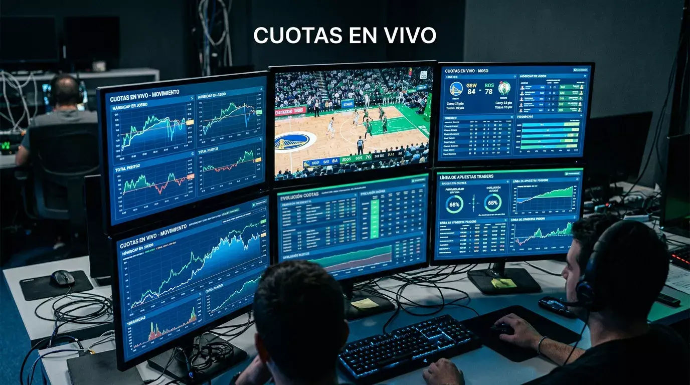 Pizarra con números y flechas indicando movimientos de líneas de apuestas en una sala de análisis deportivo