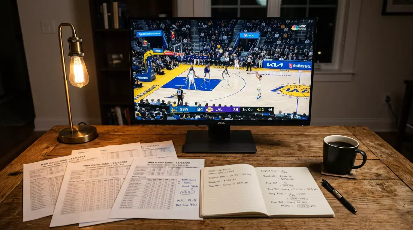 Mesa de análisis con pantalla mostrando diferentes mercados de apuestas de un partido NBA