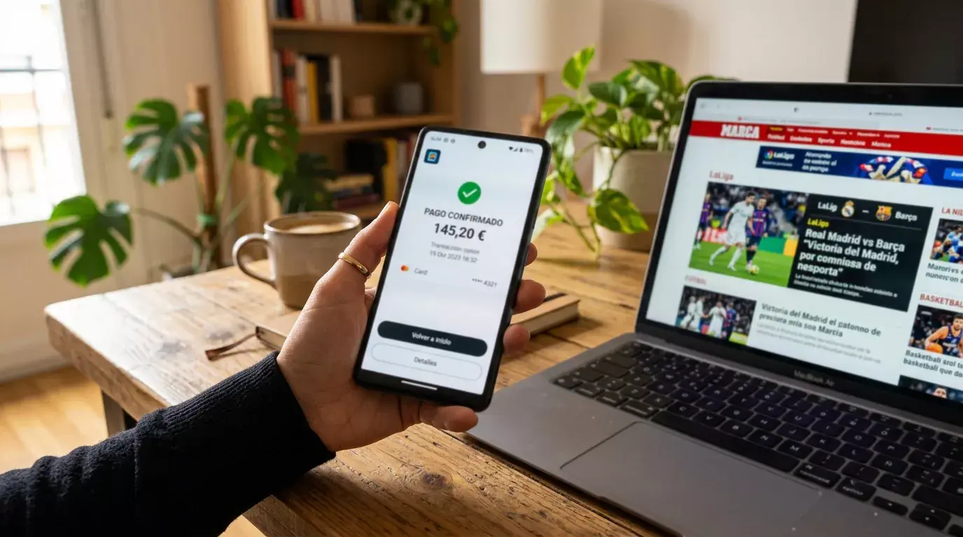 Mano sosteniendo un smartphone con simbolos de euro en una mesa con un portátil