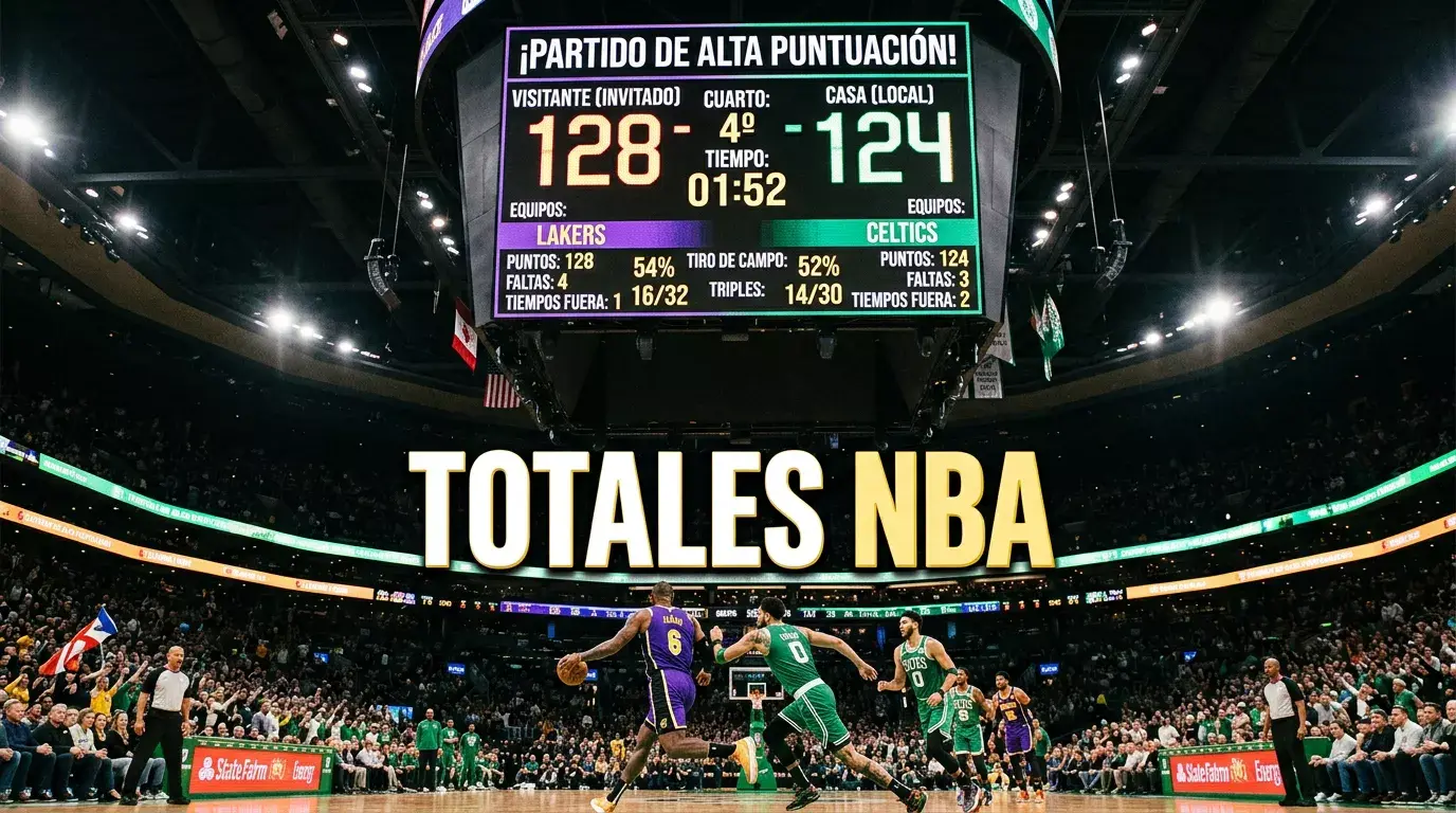 Tablero electronico de un pabellón NBA mostrando un marcador alto durante un partido de ritmo rápido