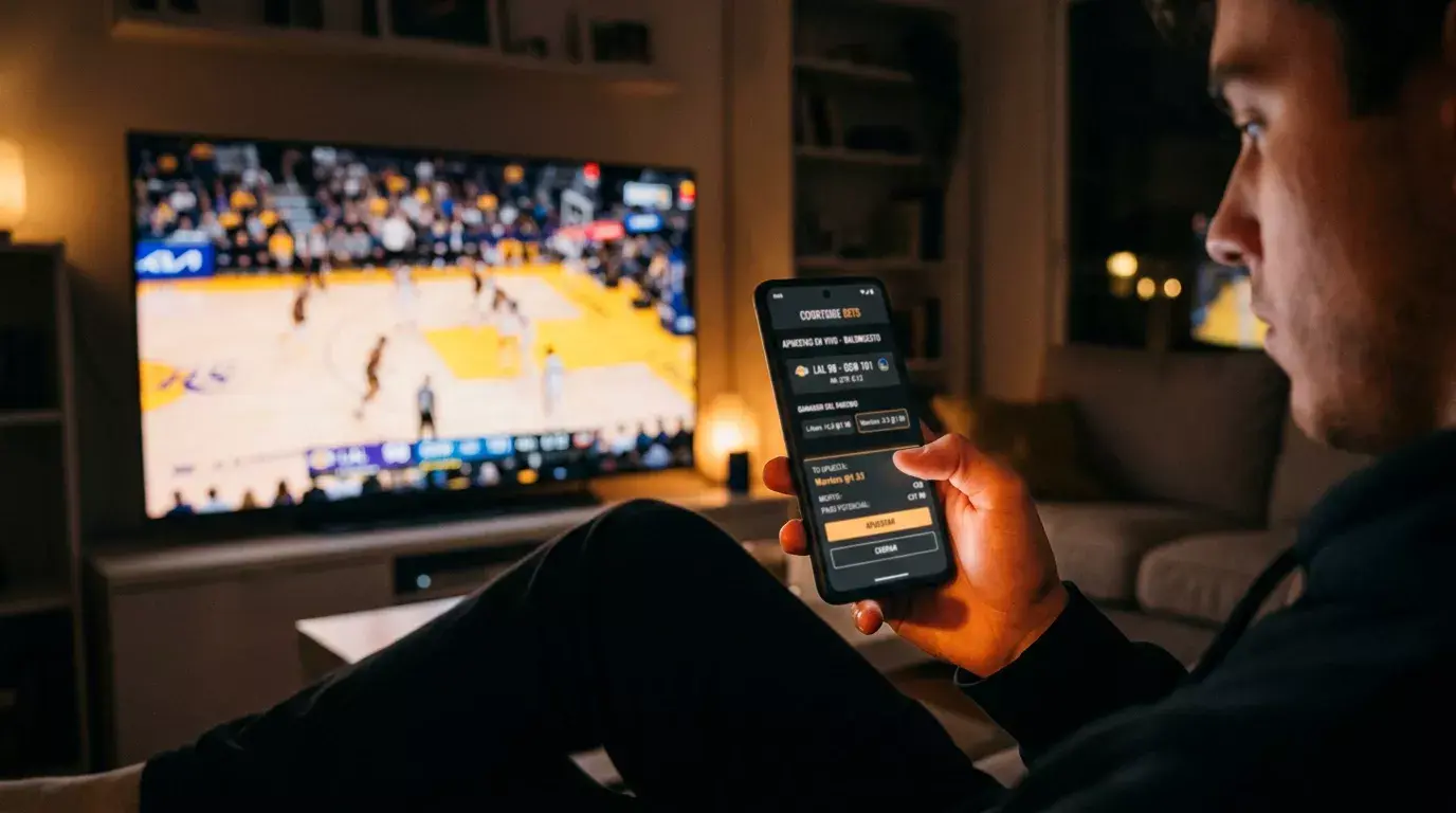Cancha de baloncesto NBA iluminada durante un partido con gradas llenas de espectadores