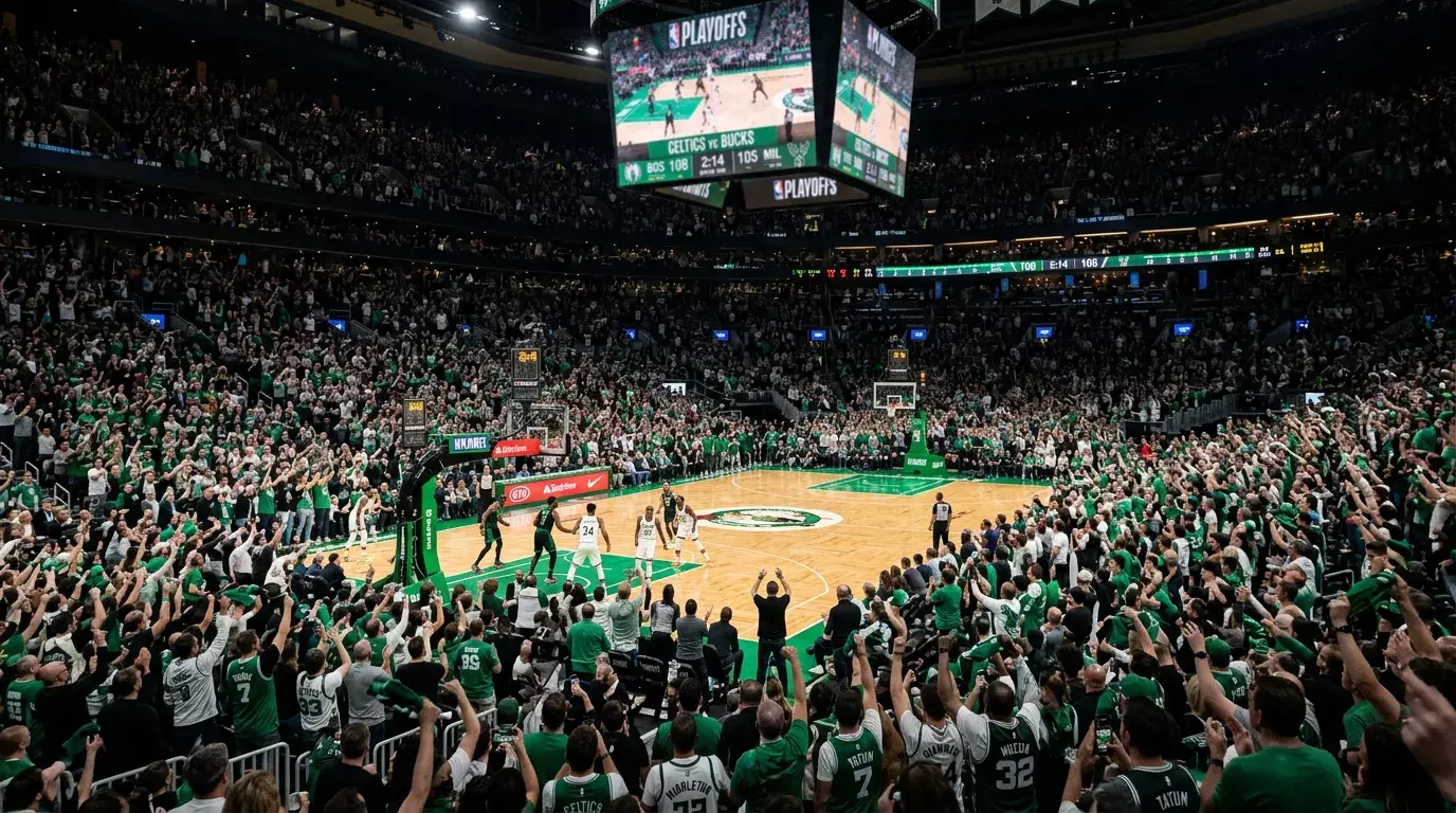 Cancha de baloncesto NBA preparada para un partido de playoffs con iluminación intensa sobre el parque y gradas llenas