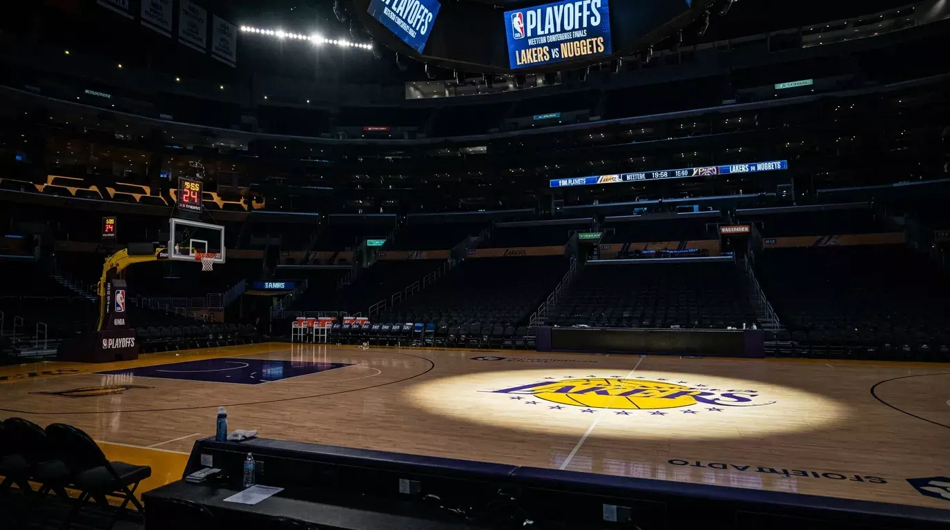 Pista de baloncesto NBA preparada para un partido de playoffs con iluminacion intensa