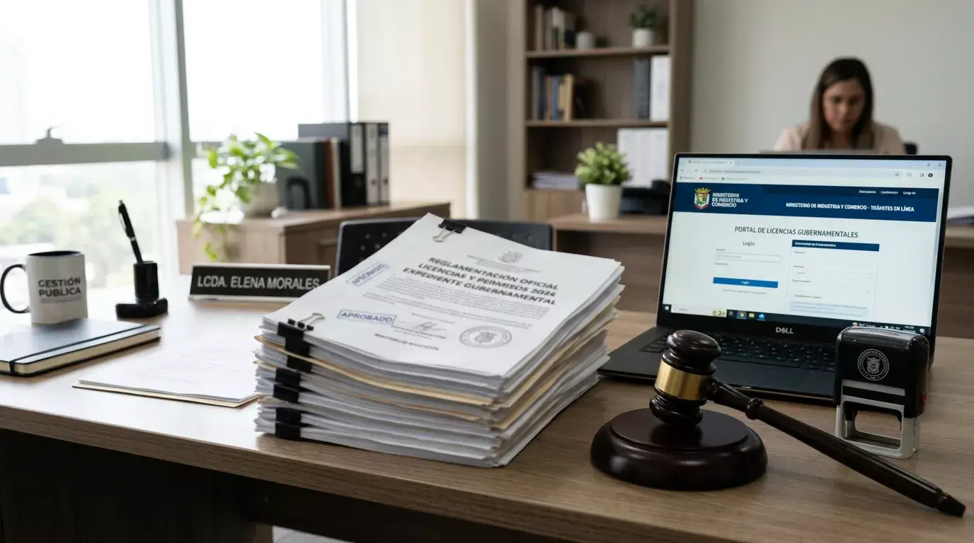 Escritorio con documentos oficiales de regulación de juego y un portátil mostrando una licencia DGOJ