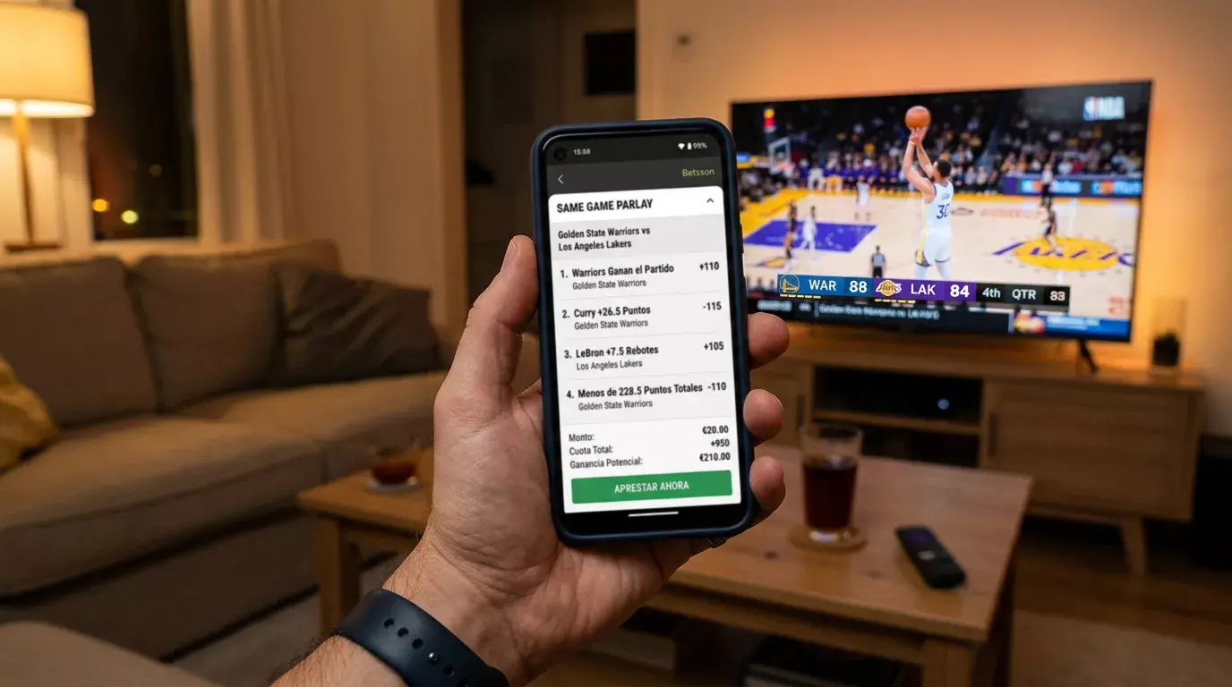 Pantalla de telefono móvil mostrando un boleto de apuesta deportiva con varias selecciones de un partido NBA