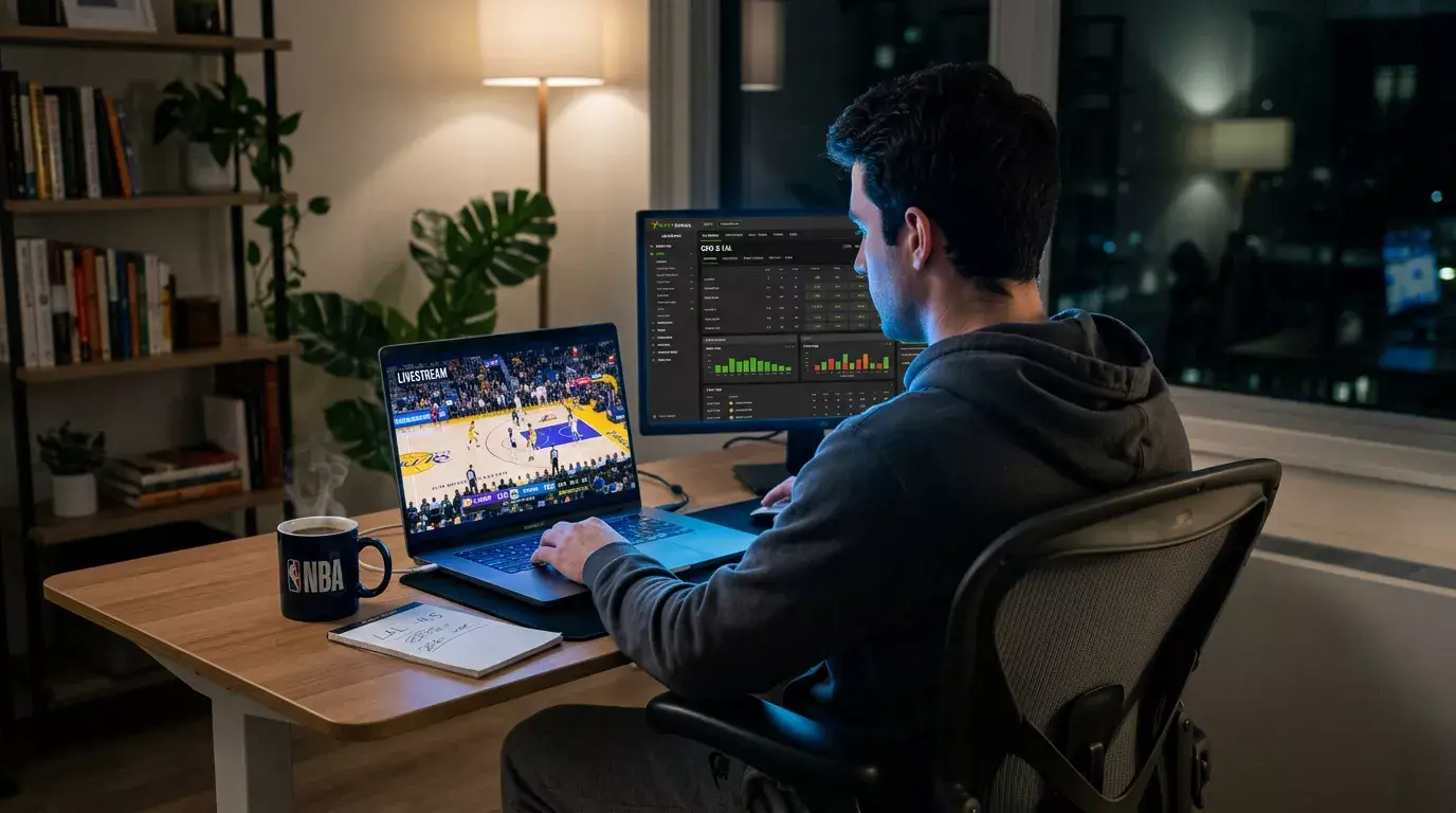 Apostador viendo un partido NBA en directo en su portatil con datos estadísticos en una segunda pantalla