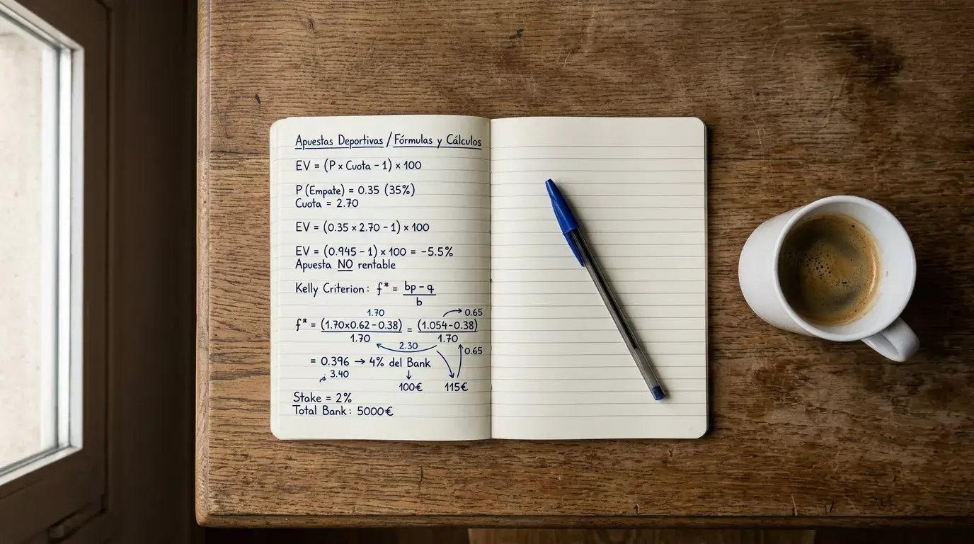 Libreta abierta con formula matemática y cuotas de apuestas NBA escritas a mano junto a un boligrafo